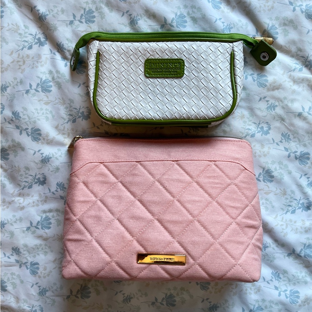 Dual Cosmetic Pouch Set - Pink Quilted Pouch & White Woven Pouch with Green Trim